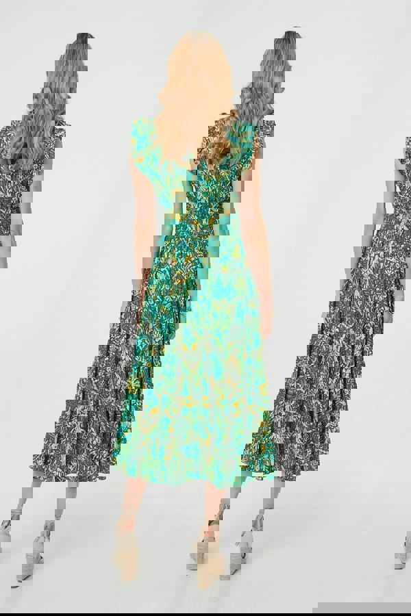 Green | Leaf Print Frilled Sleeveless Midi Dress
