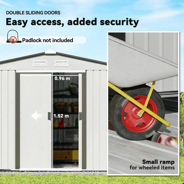 Silver metal shed with double sliding doors and access for small ramped items