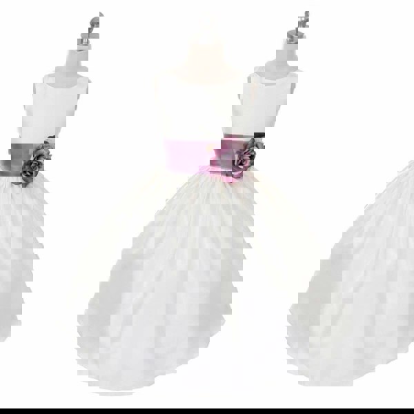 Morgan dress in white with purple sash on mannequin