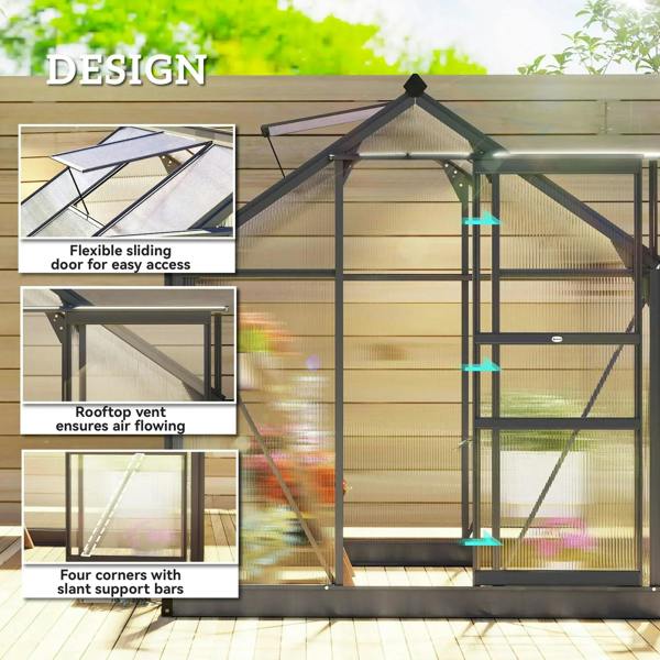 Grey polycarbonate greenhouse with sliding door, roof vent, corner support bars