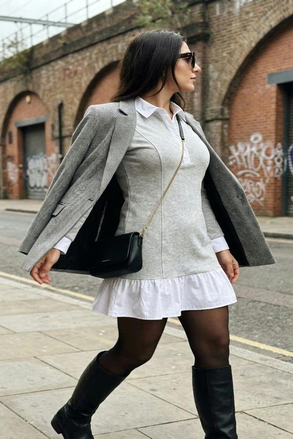 Kayla Collared Long Sleeve Mini Dress - Grey