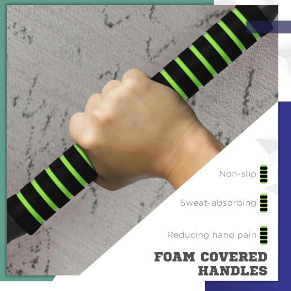 Foam-covered green and black grip handles for adjustable dumbbells and kettlebells