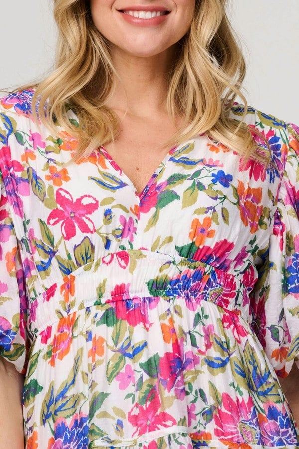 Pink | Floral 1/2 Puff Sleeve Midi Dress