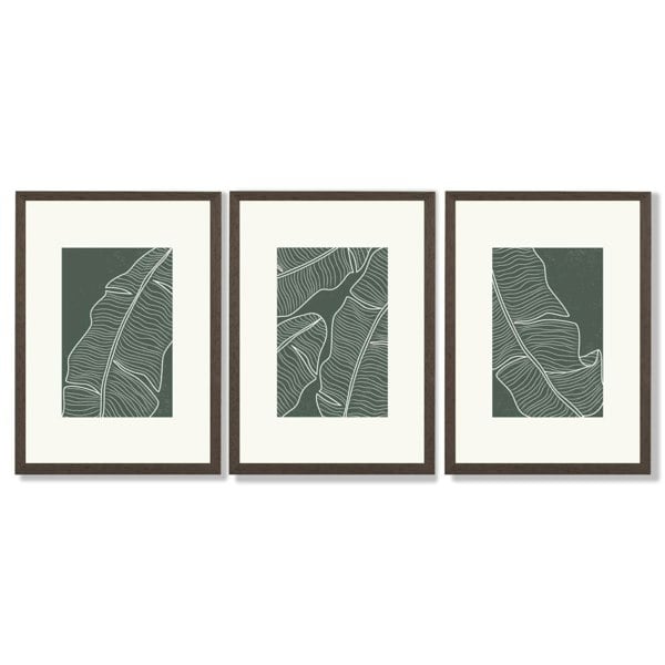 Set of 3 Minimal Green and Cream Botanical Leaves Framed Art Prints with Dark Wood Frames