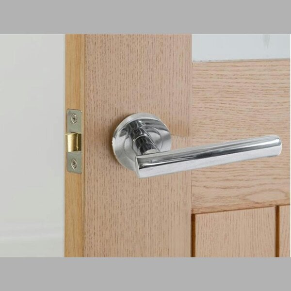 EDH Door Hardware Modern Chrome Straight T-Bar Door Handles with Round Rose + Tubular Latch