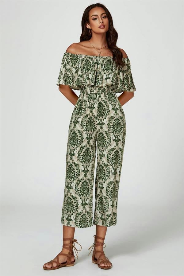 FS Collection Off The Shoulder Print Frill Jumpsuit In Green