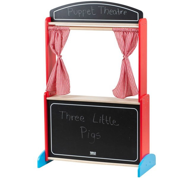 Tidlo Wooden Puppet Theatre Including Red Gingham Curtains And A Chalkboard