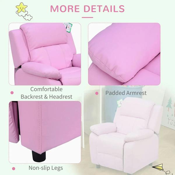 Kids pink recliner chair with comfortable backrest, padded armrests, and non-slip legs