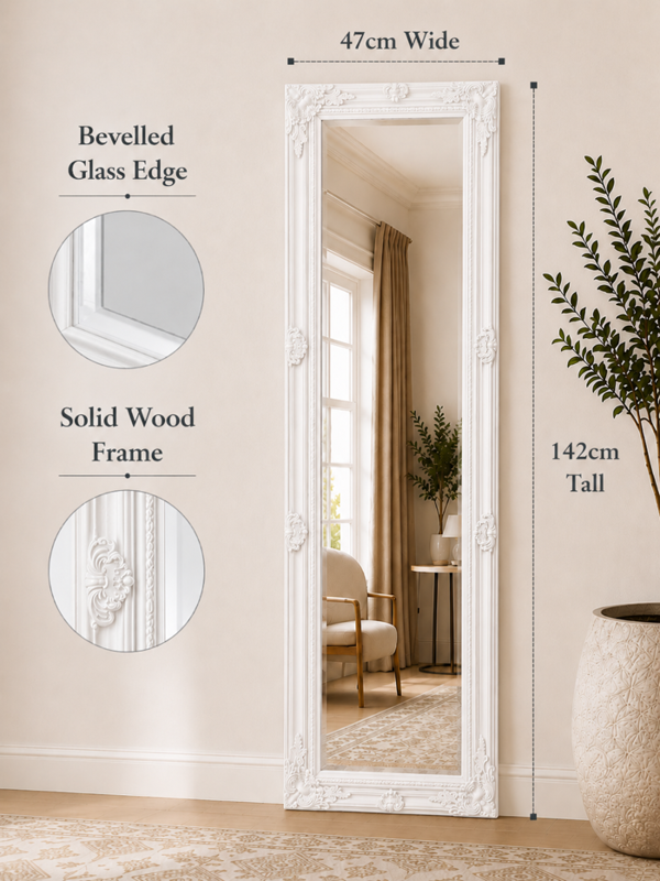 Downton Interiors Antique Style Plain White Tall Ornate Dressing Wall Mirror with Bevelled Glass 142cm