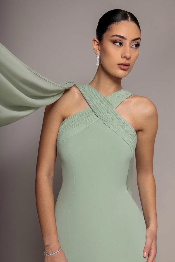 Cross Front Scarf Back Chiffon Mermaid Maxi Dress - Sage Green DR4831