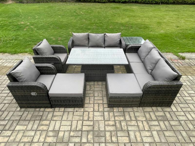 Fimous Rattan Garden Furniture Patio Set, Adjustable Height Dining Table, Reclining Chair Sofa, 2 Side Tables, 2 Big Footstools