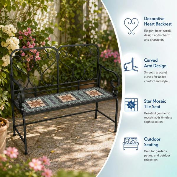 Marrakech Mosaic 2 Seater Garden Bench, 112cm Outdoor Patio Seat with Ceramic Tile Seat, Scrollwork Backrest & Metal Frame image 6