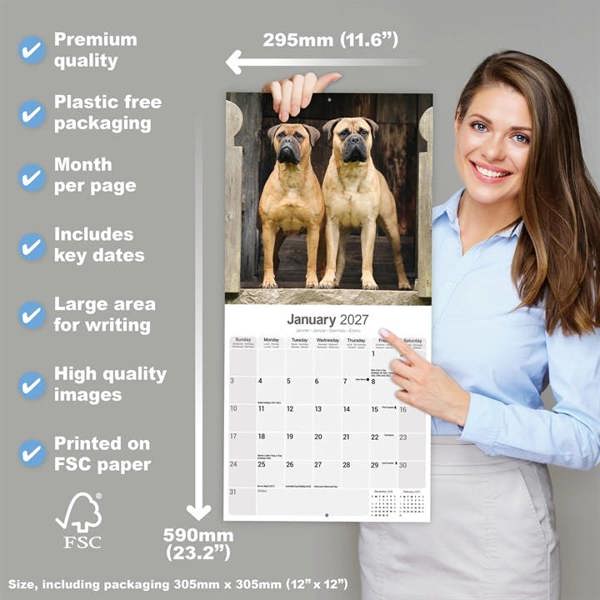 Bullmastiff Calendar 2027, Wall Calendars, Month To View, Dogs, Gift