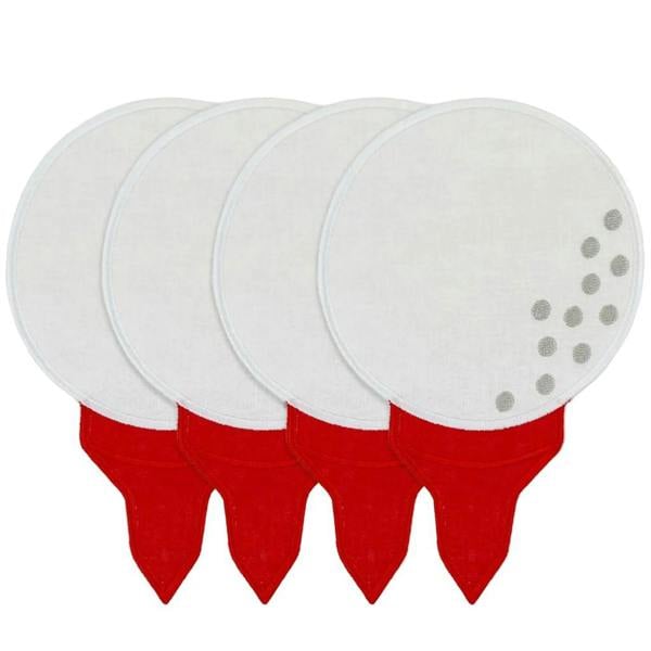 A matching set of four white linen cocktail napkins shaped like golf balls on red tees, arranged in an overlapping fan-style stack against a plain white background.