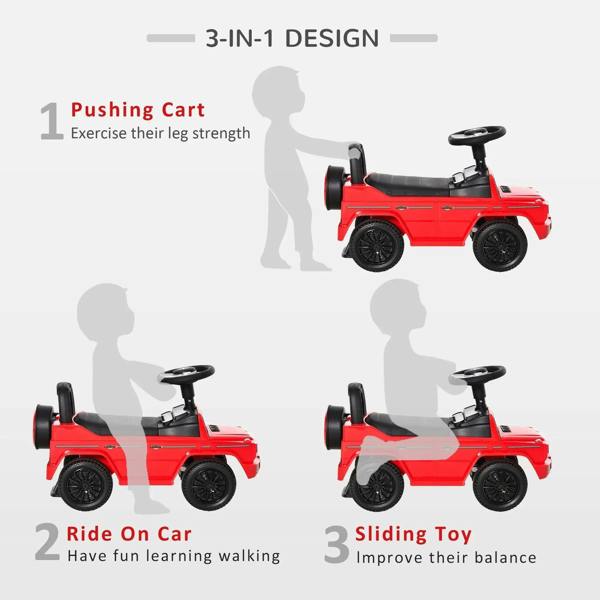 Red 3-in-1 kids ride-on car shown as push-cart, ride-on, and sliding modes