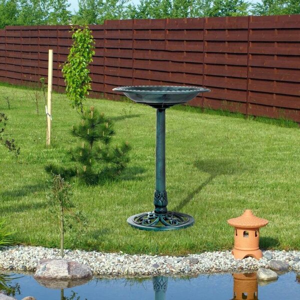 Garden Bird Bath Outdoor Decrative Garden Feeder Stand with Scallop-like Pattern, Time-Worn Finish, 50cm, Green - Green