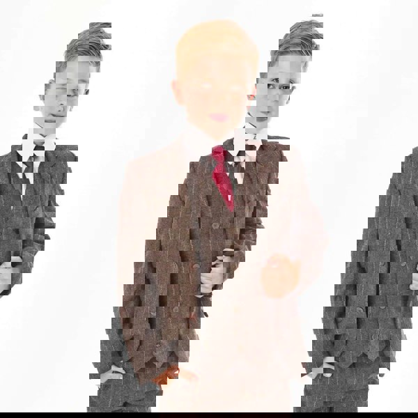boy modelling a Brown Tweed Check 5 Piece suit