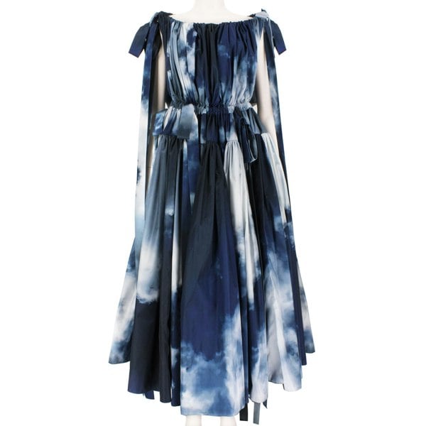 Alexander McQueen blue and white sky cloud pattered off the shoulder full dress