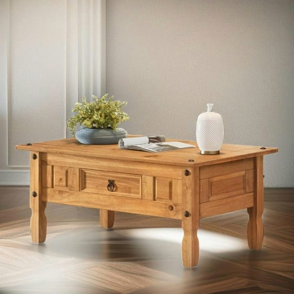 Rafaelo Mobilia Solid Pine Coffee Table With Drawer Natural Brown