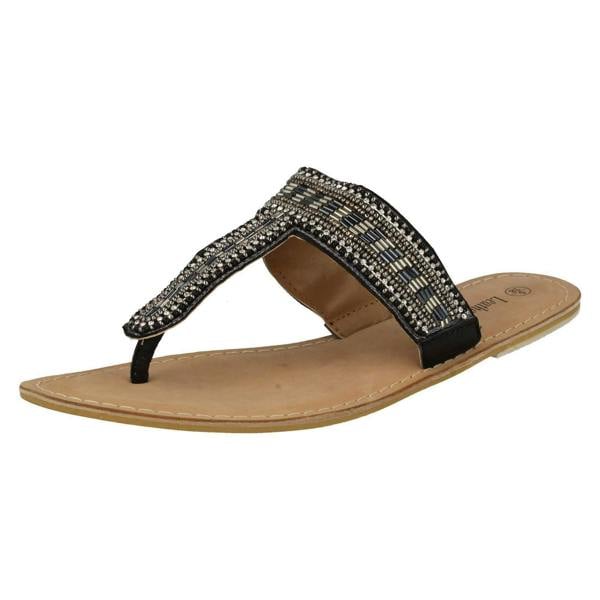 Spot On Ladies Spot On Leather Collection Beaded Toe Post Sandals