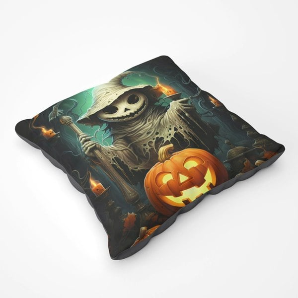 Warren Reed Creepy Ghost With Pumpkins Floor Cushion