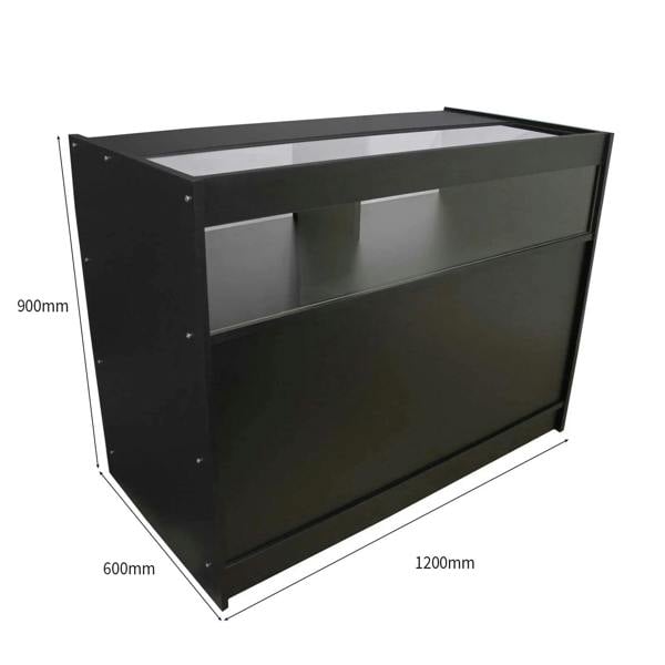 B1200 retail shop counter in sleek black, featuring a modern design with a glass display top and spacious storage area, dimensions 1200mm x 600mm x 900mm
