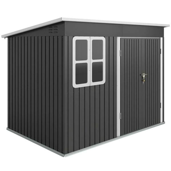 Dark grey metal storage shed with wide double doors, window panel and air vents