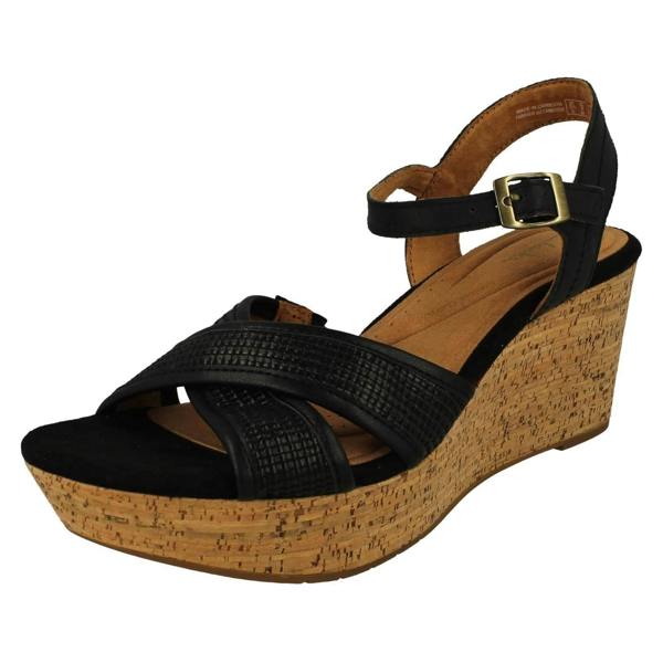 Clarks Ladies Clarks Contour Cushion Insole Cross Detailed Platform Wedge Sandals Elleri Plum