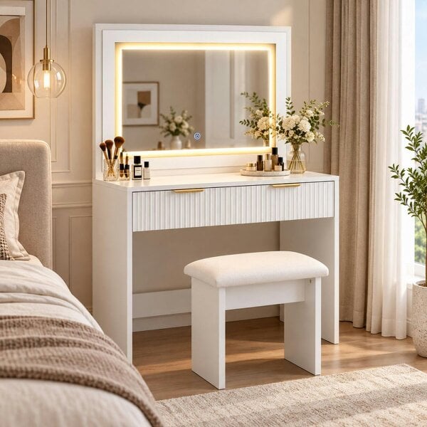HOMEWEDO  Vanity Table with LED Mirror and Stool, with 7 Colour Lights & USB Port-W80 x D38 x H139.5 CM