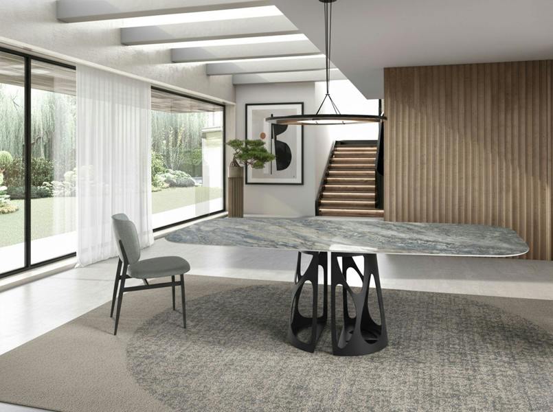 Angel Cerdá Oval Barrel porcelain marble and black steel dining table 1136