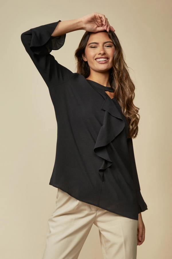 Hoxton Gal Black Oversized Top Ruffle Front Relaxed Fit Blouse
