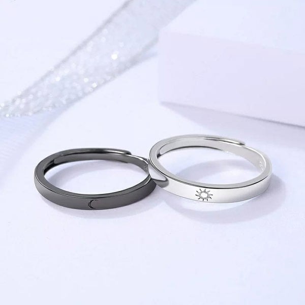 The Colourful Aura Adjustable Sterling Silver Couple Moon and Sun Promise Ring set