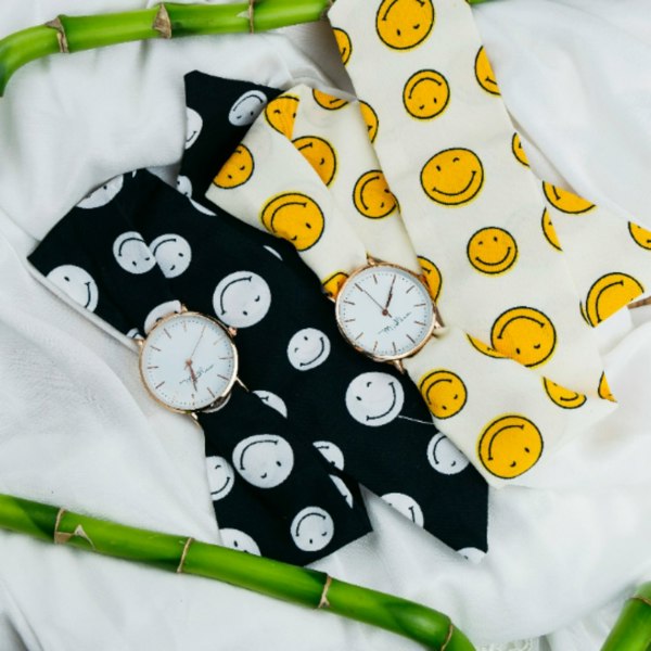 The Colourful Aura Smiley Cloth Cotton Tie Knot Strap Geneva Boho Wristwatch - Yellow/Black