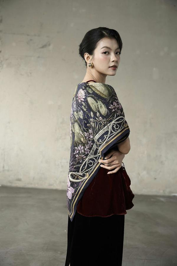 Waterlily House at Night Wool Silk Scarf – Double-Sided Print, Hand-Rolled Hem