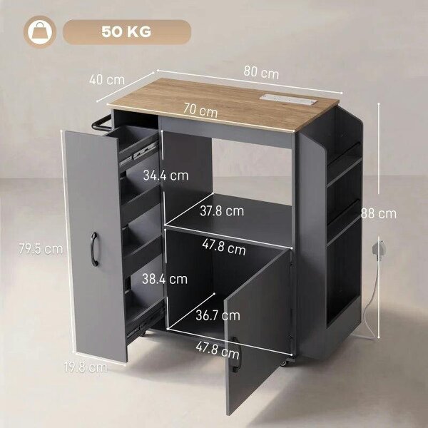 Kitchen Trolley on Wheels, Rolling Kitchen Island Cart with Power Outlet, Cabinet, Pull-Out Drawer, Grey