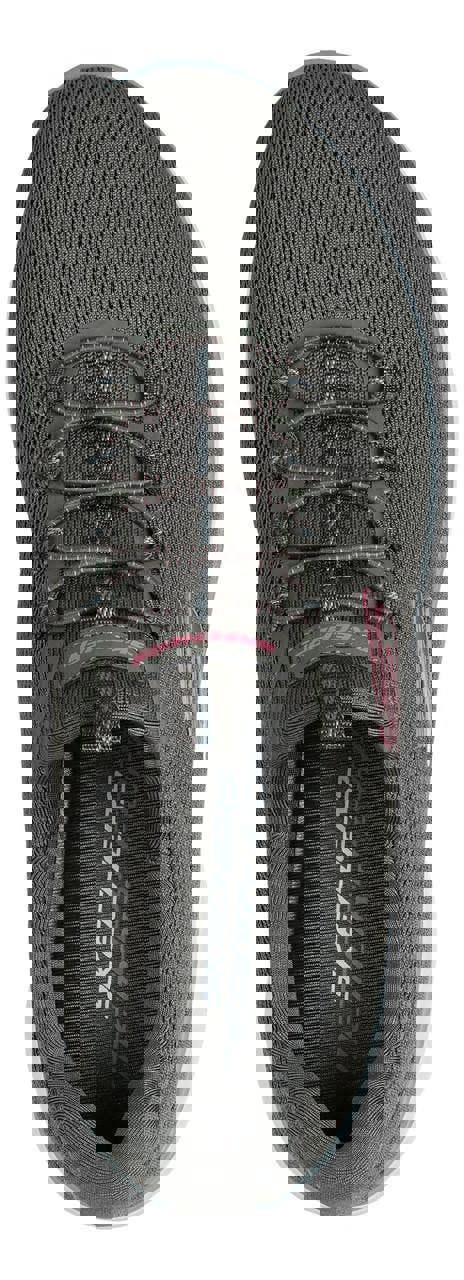 Skechers Summer Blush Womens Slip On Casual Sports Walking Trainers, top view of a black athletic shoe with pink branding and detailed laces.