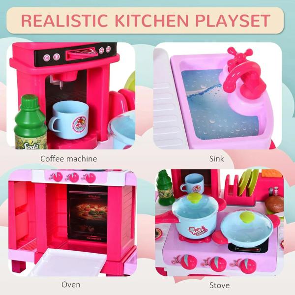 Toy kitchen play set with coffee machine, sink, oven, and stove areas in pink.