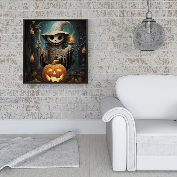 Warren Reed Creepy Ghost With Pumpkins Framed Canvas