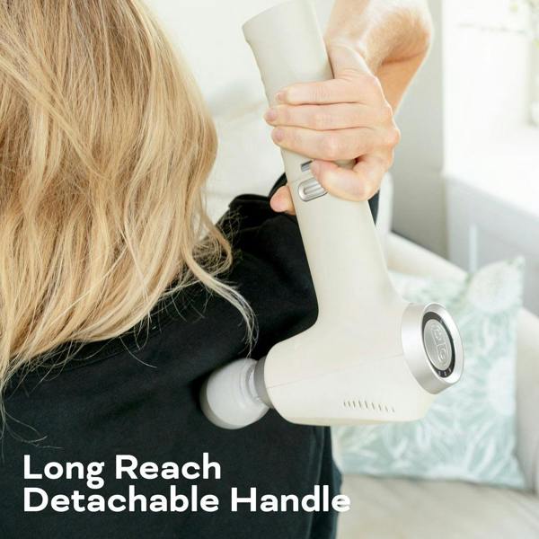 A person uses the Reviber Deep Tissue Percussion Massage Gun with Long Reach Handle on their upper back. Text reads, "Long Reach Detachable Handle." Several massage heads from Reviber are shown for customizable relief.