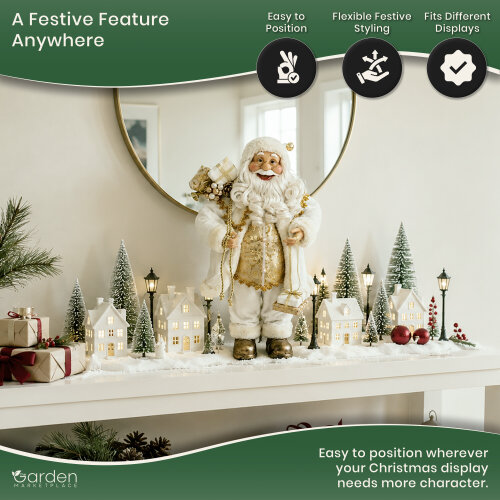 Standing Father Christmas Figure with Sack of Presents, White Santa Style Decoration, Free Standing Festive Ornament, 60cm Tall
