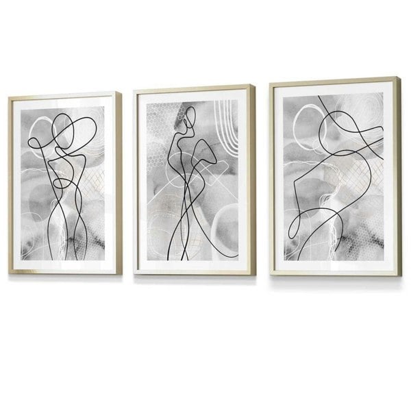 Artze Wall Art Abstract Set of 3 Fashion Line Framed Prints in Black & Grey