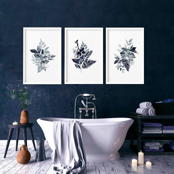 Toilet wall decor | set of 3 Blue Botanical wall art