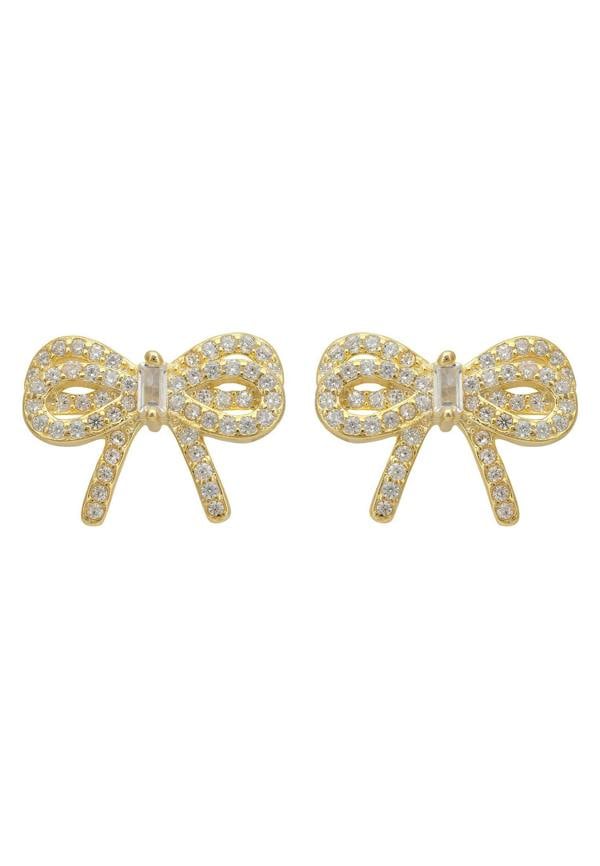 Gold bow-shaped earrings with clear gemstones on a white background