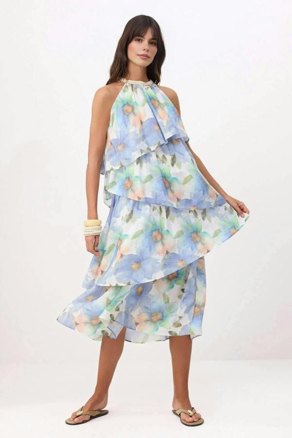 WOVCOR Patterned Maxi Woven Dress with Seashell Accessories