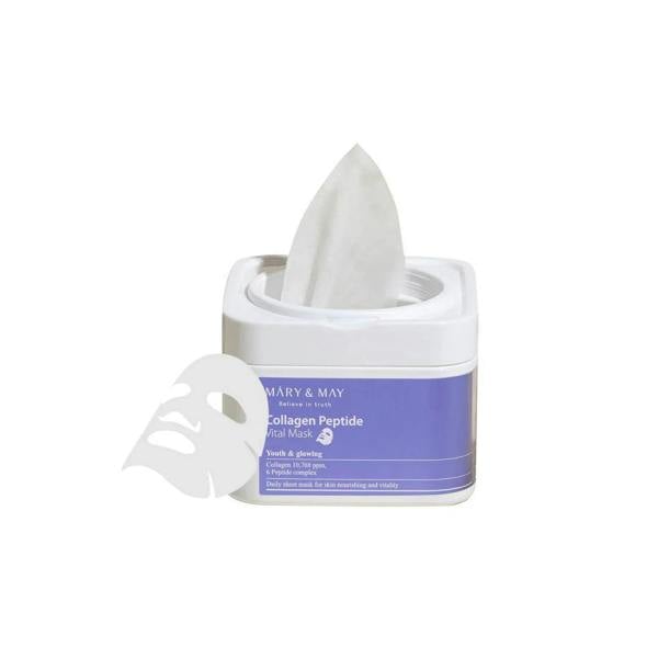 Hypoallergenic, plant-derived sheet material of MARY & MAY Collagen Mask being pulled from its sterile, eco-friendly case with tweezers at Atelier De Glow UK.