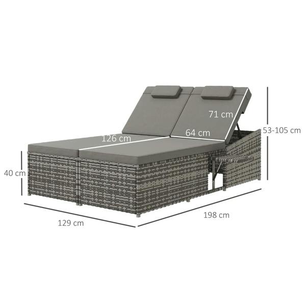 Grey two-seater rattan day bed with adjustable back cushions and woven frame