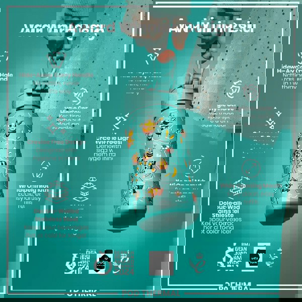 A teal-colored, bee-themed, double-walled stainless steel water bottle is being held. It features a hide-away handle, crevice-free design, hygiene cover, and wide mouth. The bottle is shown against a teal background, and is advertised as an award-winning design.