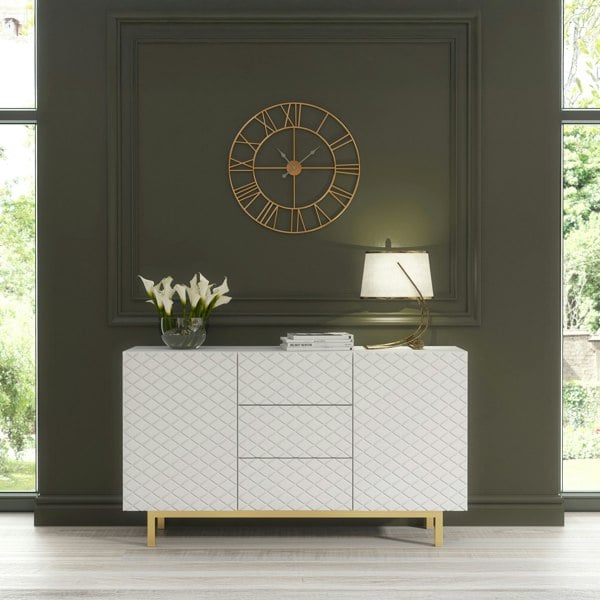 Mex Furniture White Matt Sideboard 140cm Diamond Pattern with Gold Legs