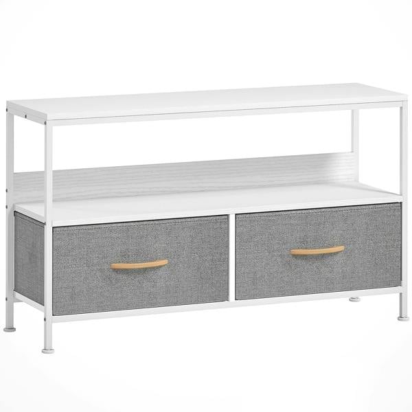 White TV stand cabinet with open shelf and two foldable gray fabric drawers, wood handles