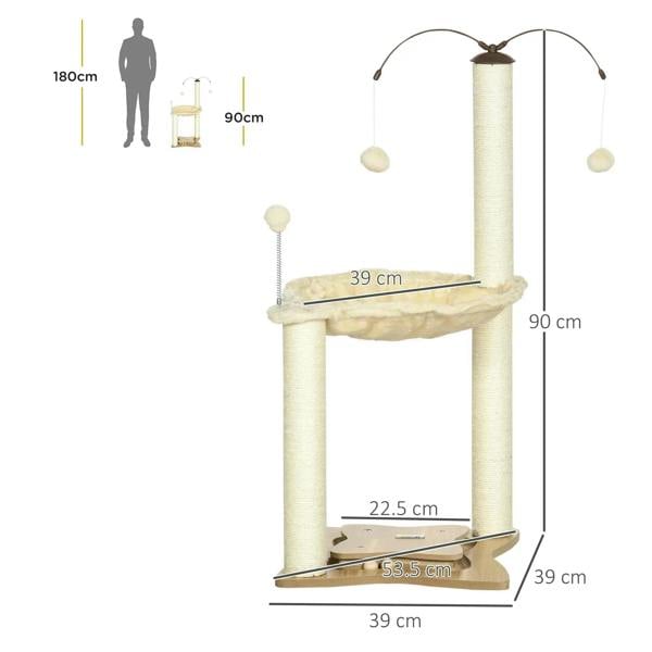 Beige cat tree layout with tall scratching post, hammock shelf, and base platform